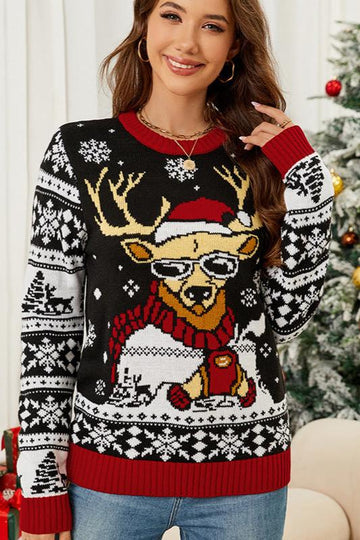 Woochic pull de Noël élan jacquard tricoté col rond contrasté noir S